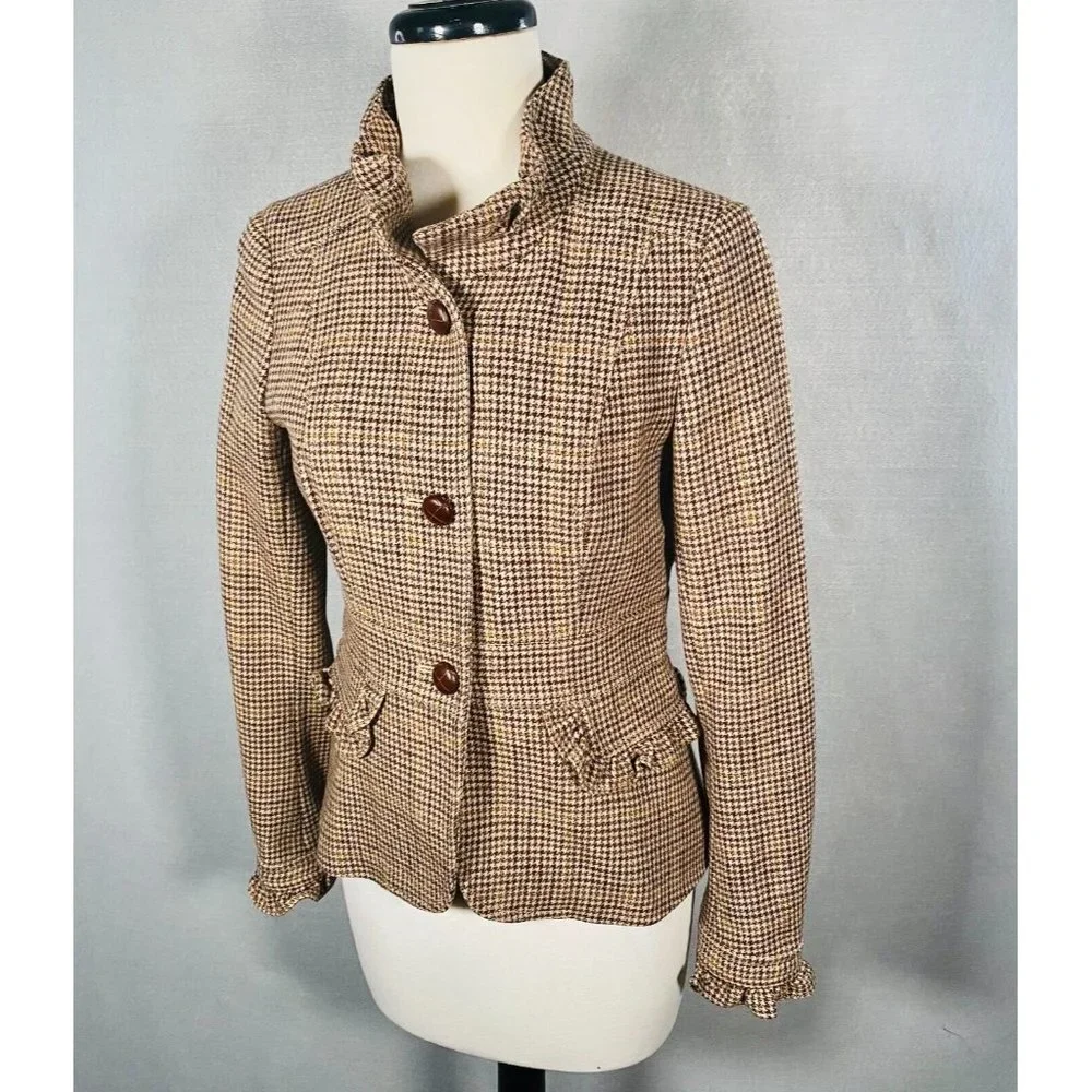 J Crew Blazer Womens Brown Wool Blend Houndstooth Jacket Ruffle - Picture 3 of 12